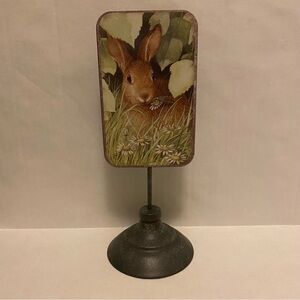 Easter Bunny Metal Sign on Stand Spring Decor Rustic Bunny Shelf Decoration